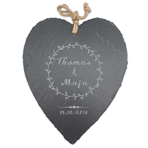 GRAVURZEILE Schieferherz mit Gravur - Liebe mit Gravur - personalisiert mit Name & Datum - Herzliches Geschenk für Paare zum Valentinstag - Personalisierte Wanddeko zum Aufhängen - Größe 27 x 23 cm von GRAVURZEILE