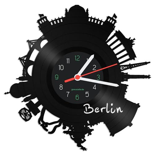 GRAVURZEILE Schallplattenuhr - Skyline Berlin 2018 - Wanduhr aus gegossenem Vinyl mit Stadt Skyline - 30 cm - Upcycling Designer Uhr - Moderne Wanduhr im Retro Vintage Style - Made in Germany von GRAVURZEILE