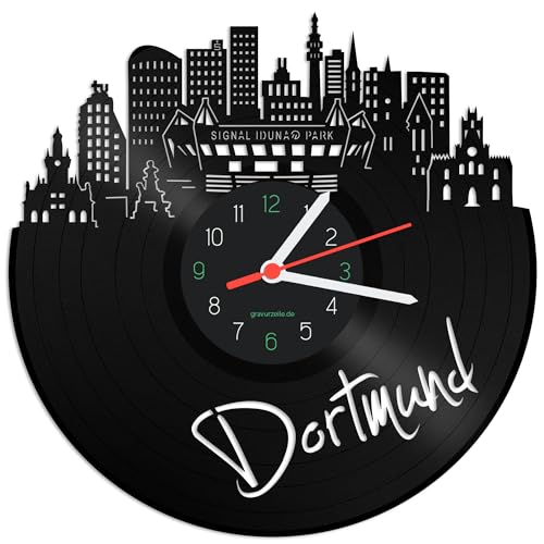 GRAVURZEILE Schallplattenuhr - Skyline Dortmund - Wanduhr aus gegossenem Vinyl mit Stadt Skyline - 30 cm - Upcycling Designer Uhr - Moderne Wanduhr im Retro Vintage Style - Made in Germany von GRAVURZEILE