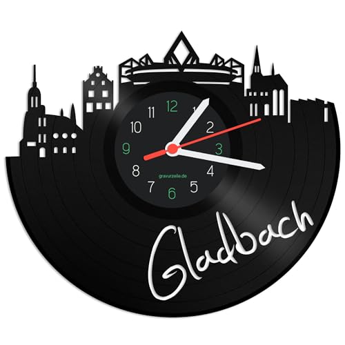 GRAVURZEILE Schallplattenuhr - Skyline Gladbach - Wanduhr aus gegossenem Vinyl mit Stadt Skyline 30 cm - Upcycling Design-Uhr Wand-Deko Vintage-Uhr Wand-Dekoration Retro-Uhr - Made in Germany von GRAVURZEILE