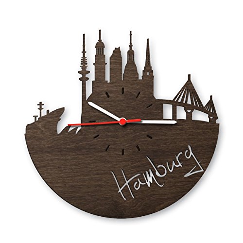 GRAVURZEILE Skyline Hamburg 2016 Wanduhr aus geräuchertem Eichen-Holz - Uhr aus Echtholz - Originelle Wanduhr Skyline Design - aus Naturholz Eiche - Made in Germany - Farbe: geräucherte Eiche von GRAVURZEILE