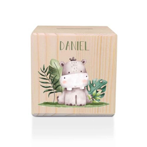 GRAVURZEILE Spardose aus Holz - Safari Tiere - mit Namen personalisiert - Personalisierte Geschenke für Mädchen & Jungen zum Geburtstag Kommunion Einschulung - Geschenk für Kinder - Nilpferd von GRAVURZEILE