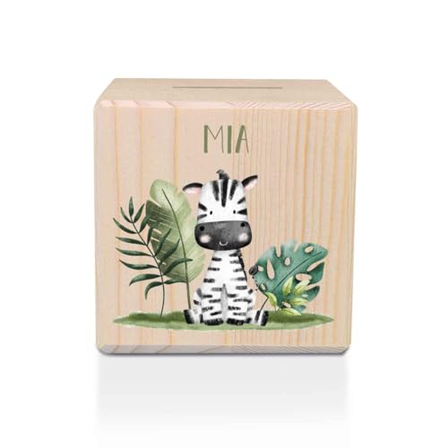 GRAVURZEILE Spardose aus Holz - Safari Tiere - mit Namen personalisiert - Personalisierte Geschenke für Mädchen & Jungen zum Geburtstag Kommunion Einschulung Weihnachten - Geschenk für Kinder - Zebra von GRAVURZEILE