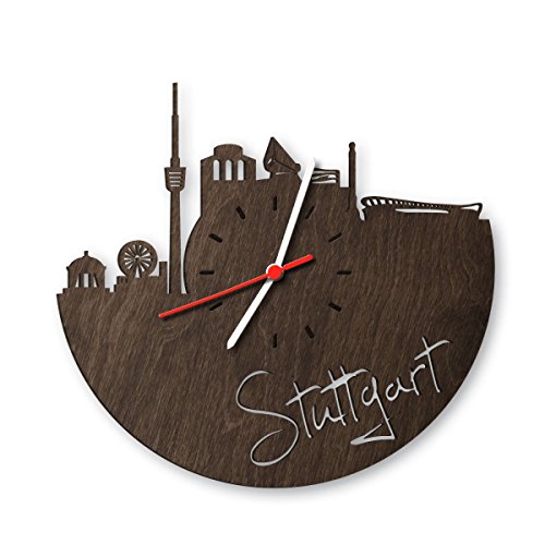 GRAVURZEILE Stuttgart aus Eichen-Holz geräuchert Design Uhr aus Echtholz Wand-Deko Originelle Wand-Uhr Moderne Wand-Uhr im Skyline Design Wand-Dekoration aus Natur-Holz von GRAVURZEILE