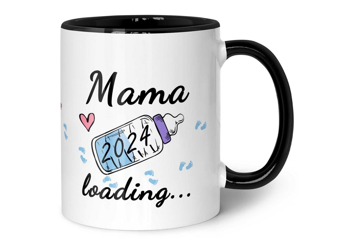 GRAVURZEILE Tasse Bedruckte Tasse mit Spruch - Baby Loading - Motiv mit Jahr 2024, Keramik, Geschenk für werdende Eltern - Schwarz & Weiß - Mama Blau von GRAVURZEILE