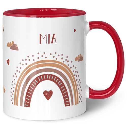 GRAVURZEILE Tasse für Kinder - im Regenbogen Design - Personalisiert mit Namen - Geschenk für Mädchen und Jungen zum Geburtstag - zur Kommunion und Konfirmation - Geburtstagsgeschenk - Rot von GRAVURZEILE