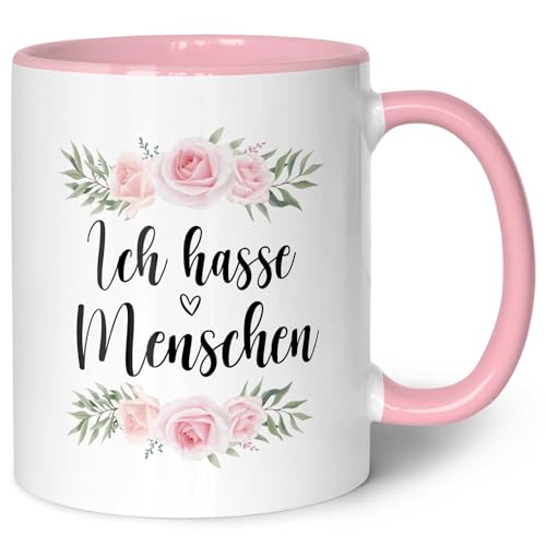 GRAVURZEILE Tasse mit Spruch - Ich hasse Menschen - Lustiges Geschenk für Freunde - Geschenk für Frauen & Männer - Geschenk für Sie & Ihn - Kaffeetasse Kaffeebecher Teetasse - Farbe: Rosa von GRAVURZEILE