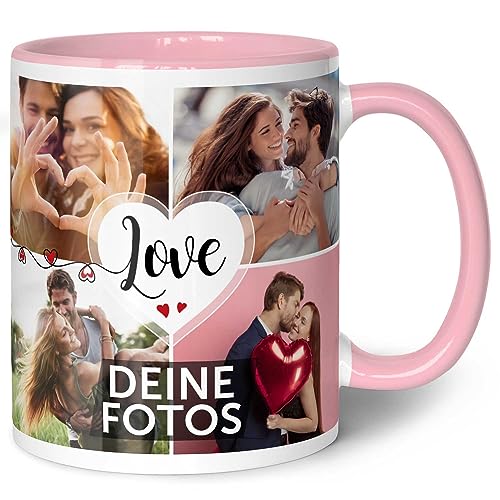 GRAVURZEILE Tasse mit dem Spruch Love zum selbst gestalten mit Foto Collage für acht eigene Fotos - Fototasse personalisiert - Persönliches Geschenk für Paare Freundinnen und Familie Farbe Rosa von GRAVURZEILE
