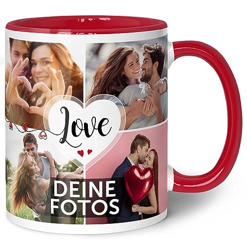 GRAVURZEILE Tasse mit dem Spruch Love zum selbst gestalten mit Foto Collage für acht eigene Fotos - Fototasse personalisiert - Persönliches Geschenk für Paare Freundinnen und Familie Farbe Rot von GRAVURZEILE