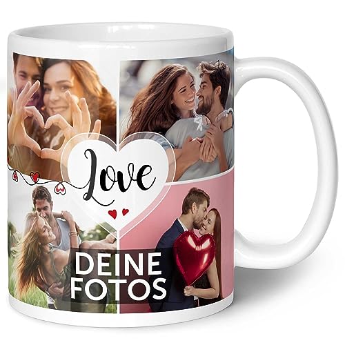 GRAVURZEILE Tasse mit dem Spruch Love zum selbst gestalten mit Foto Collage für acht eigene Fotos - Fototasse personalisiert - Persönliches Geschenk für Paare Freundinnen und Familie Farbe Weiß von GRAVURZEILE