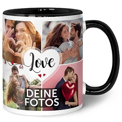 GRAVURZEILE Tasse mit dem Spruch Love zum selbst gestalten mit Foto Collage für acht eigene Fotos - Fototasse personalisiert - Persönliches Geschenk für Paare Freundinnen und Familie - Schwarz & Weiß von GRAVURZEILE
