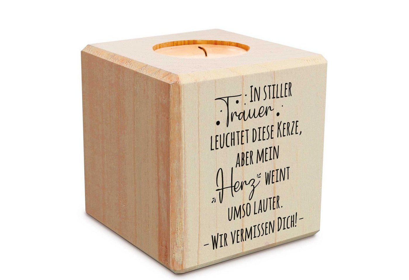 GRAVURZEILE Teelichthalter mit Gravur aus Holz - Grabschmuck - Trauergeschenk - Trauerlicht, - In Stiller Trauer von GRAVURZEILE