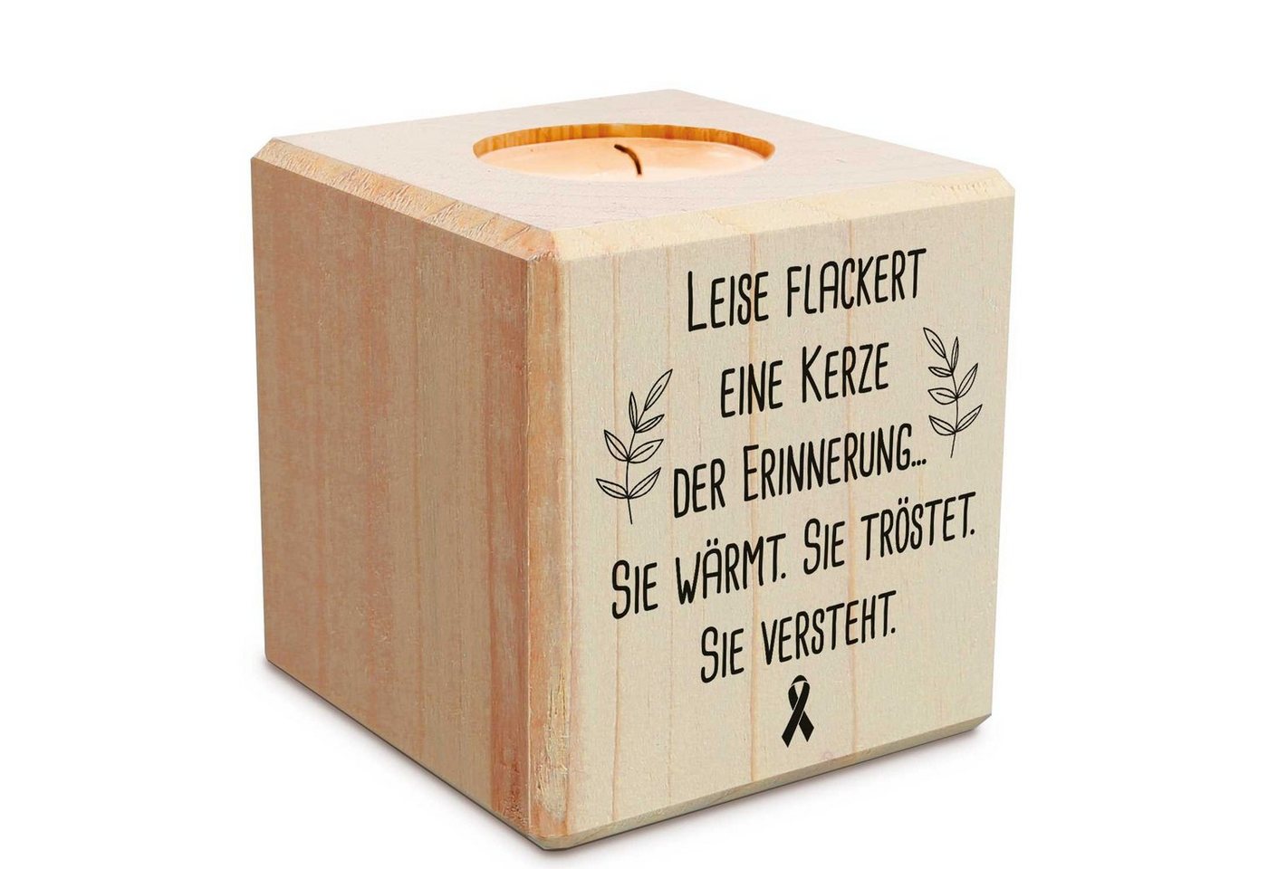 GRAVURZEILE Teelichthalter mit Gravur aus Holz - Grabschmuck - Trauergeschenk - Trauerlicht, - leise flackert eine Kerze von GRAVURZEILE