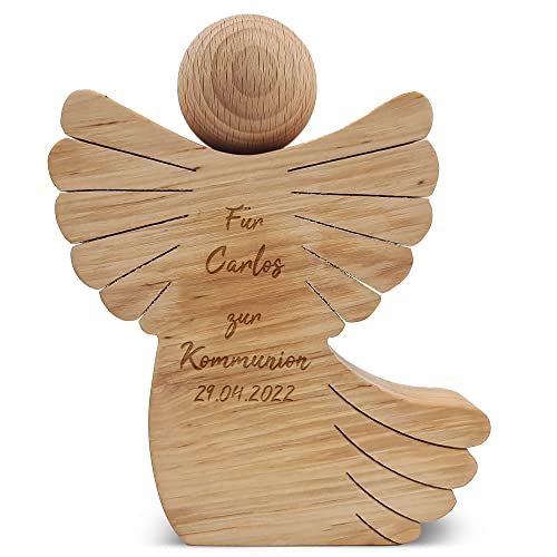 GRAVURZEILE Tischdekoration aus Holz - gravierter Engel - Personalisiert mit Name & Datum - Handarbeit - Gastgeschenk zur Kommunion - Dekoration Geldgeschenk für Jungen & Mädchen - Farbe: Kommunion von GRAVURZEILE