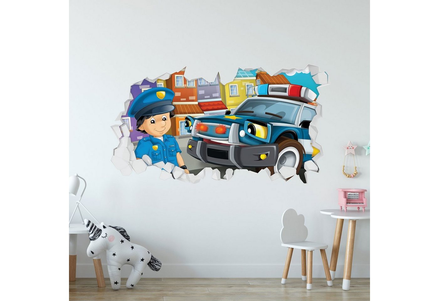 GRAVURZEILE Wandtattoo im Polizei & Polizeiauto Design - Kinderzimmer - Wandaufkleber - (3D Wanddurchbruch & Deko), Ausführung: V3 von GRAVURZEILE