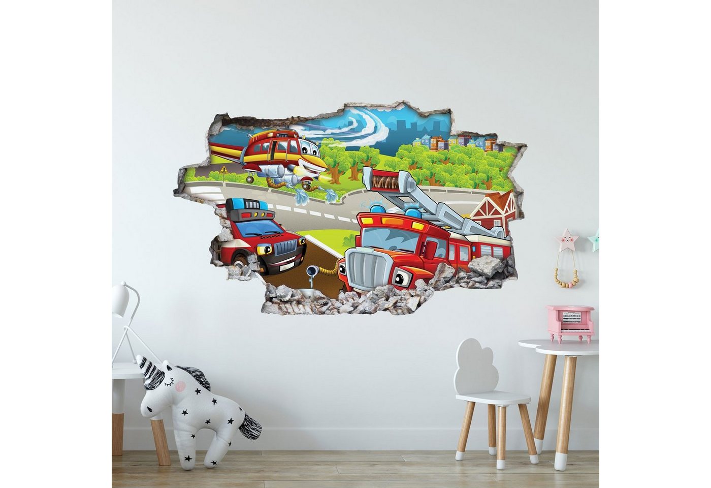 GRAVURZEILE Wandtattoo im Feuerwehr Design - Kinderzimmer -Wandsticker Wandaufkleber - (3D Wanddurchbruch & Deko, - Größe 115 x 70 cm), - V1 von GRAVURZEILE