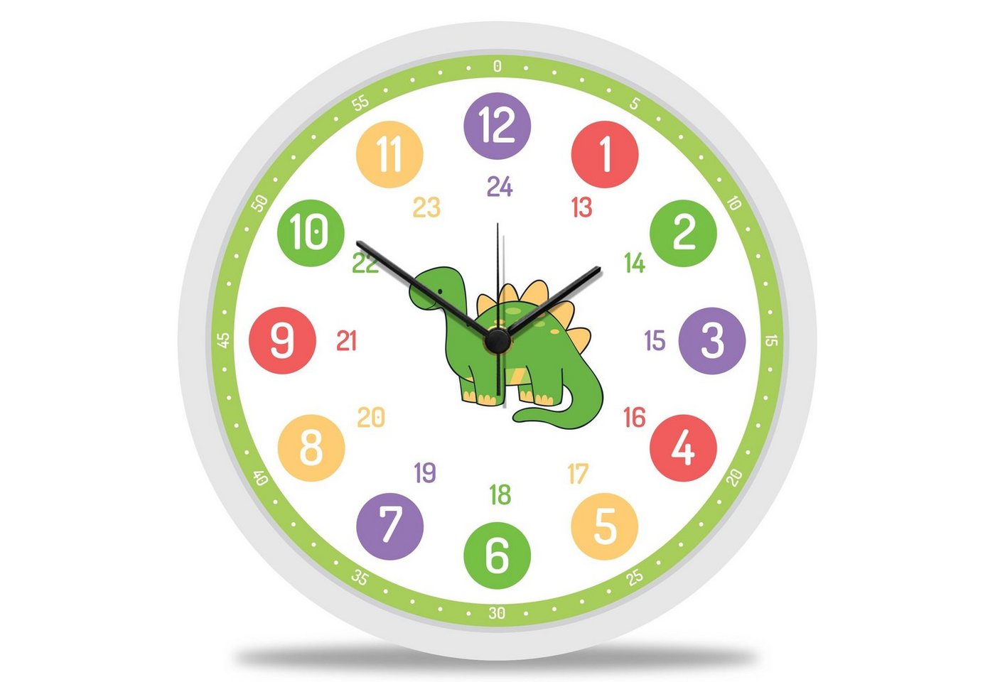 GRAVURZEILE Wanduhr GRAVURZEILE Wanduhr Kinder Dino Motiv - Geräuscharme Kinderwanduhr geeignet für Mädchen und Jungen - Bunte Lernuhr für Kinder 30 cm - Einfaches Ablesen der Uhrzeit Lernen - Farbenfrohes Dinosaurier Design von GRAVURZEILE