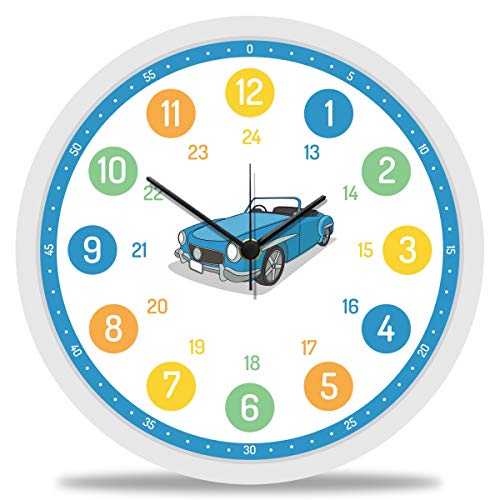 GRAVURZEILE Wanduhr Kinder Auto Motiv - Lautlose Kinderwanduhr geeignet für Jungen - Bunte Lernuhr für Kinder 30 cm - Einfaches Ablesen der Uhrzeit Lernen - Farbenfrohes Design von GRAVURZEILE