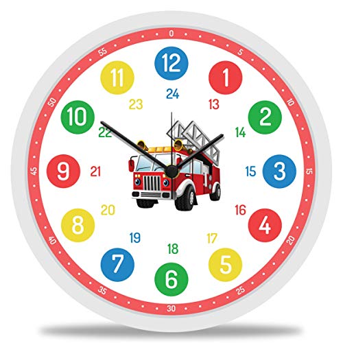 GRAVURZEILE Wanduhr Kinder Feuerwehr Motiv - Lautlose Kinderwanduhr geeignet für Mädchen - Bunte Lernuhr für Kinder 30 cm - Einfaches Ablesen der Uhrzeit Lernen - Farbenfrohes Design von GRAVURZEILE