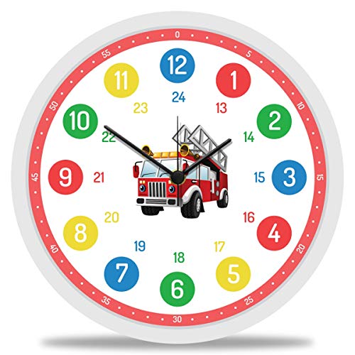 GRAVURZEILE Wanduhr Kinder Feuerwehr Motiv - Lautlose Kinderwanduhr geeignet für Mädchen - Bunte Lernuhr für Kinder 30 cm - Einfaches Ablesen der Uhrzeit Lernen - Farbenfrohes Design von GRAVURZEILE