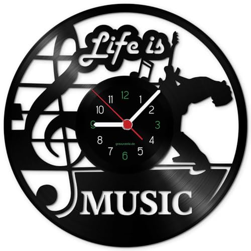 GRAVURZEILE Wanduhr aus Vinyl Schallplattenuhr „Life is Music“ Upcycling Design Wand-Deko Vintage Wand-Dekoration Retro-Uhr Made in Germany von GRAVURZEILE