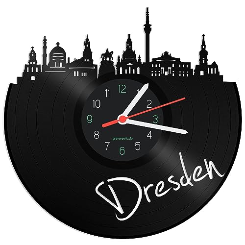 GRAVURZEILE Schallplattenuhr - Skyline Dresden - Wanduhr aus gegossenem Vinyl mit Stadt Skyline 30 cm - Upcycling Design-Uhr Wand-Deko Vintage-Uhr Wand-Dekoration Retro-Uhr - Made in Germany von GRAVURZEILE