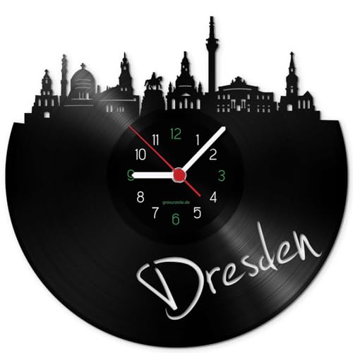 GRAVURZEILE Schallplattenuhr - Skyline Dresden - Wanduhr aus gegossenem Vinyl mit Stadt Skyline 30 cm - Upcycling Design-Uhr Wand-Deko Vintage Wand-Dekoration Retro-Uhr - Made in Germany von GRAVURZEILE