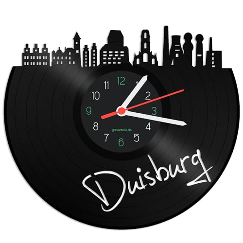 GRAVURZEILE Schallplattenuhr - Skyline Duisburg - Wanduhr aus gegossenem Vinyl mit Stadt Skyline - 30 cm - Upcycling Designer Uhr - Moderne Wanduhr im Retro Vintage Style - Made in Germany von GRAVURZEILE