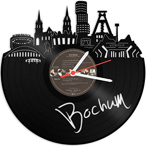 GRAVURZEILE Schallplattenuhr - Skyline Bochum - Wanduhr aus gegossenem Vinyl mit Stadt Skyline 30 cm - Upcycling Design-Uhr Wand-Deko Vintage-Uhr Wand-Dekoration Retro-Uhr - Made in Germany von GRAVURZEILE