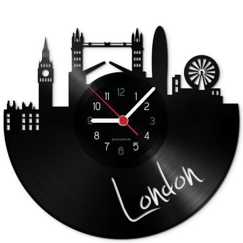 GRAVURZEILE Schallplattenuhr - Skyline London - Wanduhr aus gegossenem Vinyl mit Stadt Skyline 30 cm - Upcycling Design-Uhr Wand-Deko Vintage Wand-Dekoration Retro-Uhr - Made in Germany von GRAVURZEILE
