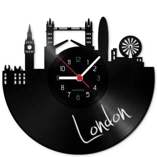 GRAVURZEILE Schallplattenuhr - Skyline London - Wanduhr aus gegossenem Vinyl mit Stadt Skyline 30 cm - Upcycling Design-Uhr Wand-Deko Vintage-Uhr Wand-Dekoration Retro-Uhr - Made in Germany von GRAVURZEILE