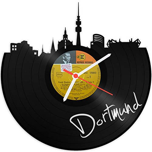 GRAVURZEILE Schallplattenuhr - Skyline Dortmund - Wanduhr aus gegossenem Vinyl mit Stadt Skyline 30 cm - Upcycling Design-Uhr Wand-Deko Vintage-Uhr Wand-Dekoration Retro-Uhr - Made in Germany von GRAVURZEILE