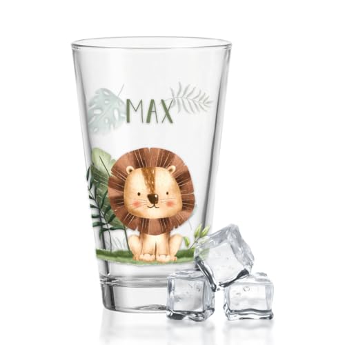 GRAVURZEILE Wasserglas mit UV-Druck - Tiergruppe Safari Design - Personalisiert mit Wunschname - Geschenke für Jungen & Mädchen Kinder zum Geburtstag Einschulung - Geeignet als Trinkglas - Löwe von GRAVURZEILE