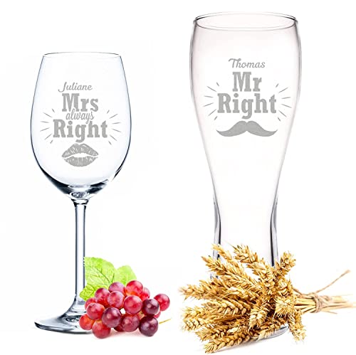 GRAVURZEILE Weizenglas + Weinglas - Mr Right & Mrs Always Right mit Namen - Personalisierte Geschenke - ideal als Hochzeitsgeschenk alternativ zum Geburtstagsgeschenk für Männer Frauen von GRAVURZEILE