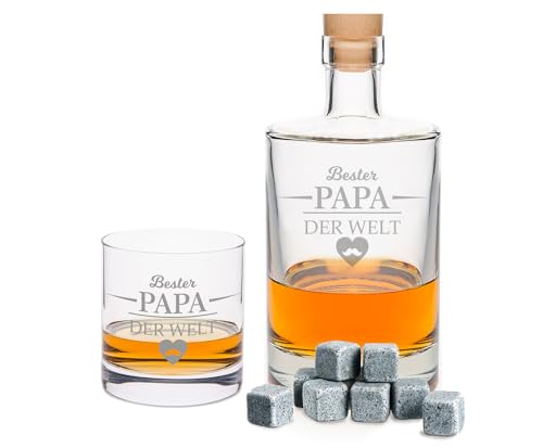 GRAVURZEILE Whiskyglas mit Gravur & Karaffe von Leonardo im Set - Bester Papa der Welt - 500 ml Whisky Karaffe Geschenkset - inkl. 8X Kühlsteine - Geschenke für Männer zum Vatertag - Set mit Karaffe von GRAVURZEILE