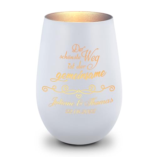 GRAVURZEILE Deko Windlicht aus Glas mit Gravur - Der schönste Weg ist der gemeinsame - Personalisiert mit Namen & Datum - Persönliche Geschenke zur Hochzeit Verlobung für Sie & Ihn - Weiß/Silber von GRAVURZEILE