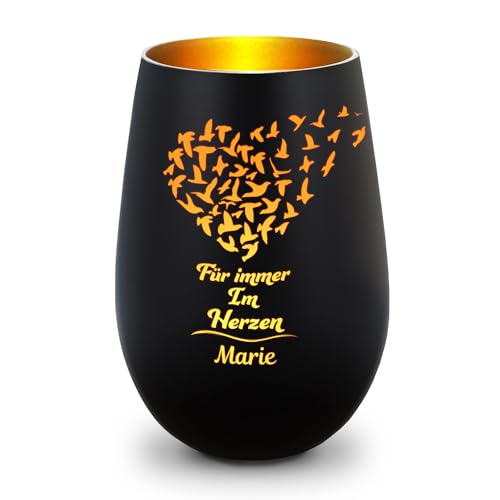 GRAVURZEILE Deko Windlicht aus Glas mit Gravur - Für Immer im Herzen - Personalisiert mit Namen - Trauer Windlicht aus Glas - Trauerlicht zur Beerdigung oder als Andenken - Schwarz/Gold von GRAVURZEILE