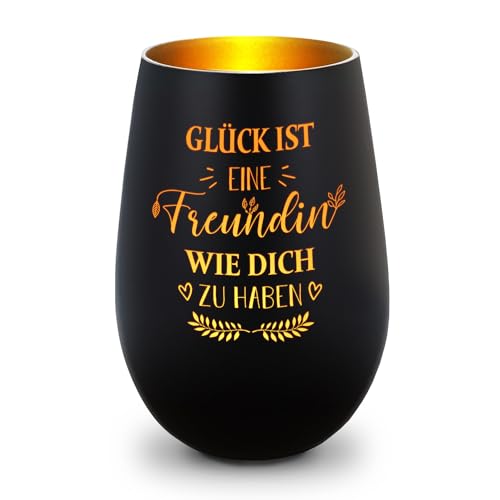 GRAVURZEILE Deko Windlicht mit Gravur - Glück ist eine Freundin wie Dich zu haben - Schönes Geschenk für die Beste Freundin der Welt - für Freundinnen, Schwestern und Kolleginnen - Schwarz/Gold von GRAVURZEILE