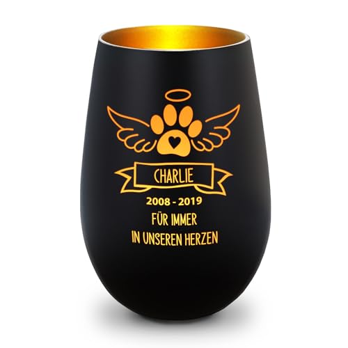 GRAVURZEILE Deko Windlicht aus Glas mit Gravur - Pfotenengel - Personalisiert mit Namen & Datum - Haustier Trauerlicht für Hund und Katze - Grabschmuck zur Beerdigung oder Andenken - Schwarz/Gold von GRAVURZEILE