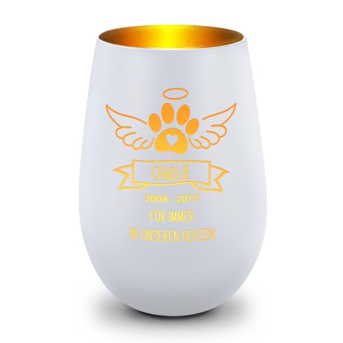 GRAVURZEILE Deko Windlicht aus Glas mit Gravur - Pfotenengel - Personalisiert mit Namen & Datum - Haustier Trauerlicht für Hund und Katze - Grabschmuck zur Beerdigung oder Andenken - Weiß/Gold von GRAVURZEILE