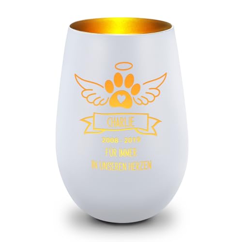GRAVURZEILE Deko Windlicht aus Glas mit Gravur - Pfotenengel - Personalisiert mit Namen & Datum - Haustier Trauerlicht für Hund und Katze - Grabschmuck zur Beerdigung oder Andenken - Weiß/Gold GRAVURZEILE Deko Windlicht aus Glas mit Gravur - Pfotenengel - Personalisiert mit Namen & Datum - Haustier Trauerlicht für Hund und Katze - Grabschmuck zur Beerdigung oder Andenken - Weiß/Gold von GRAVURZEILE