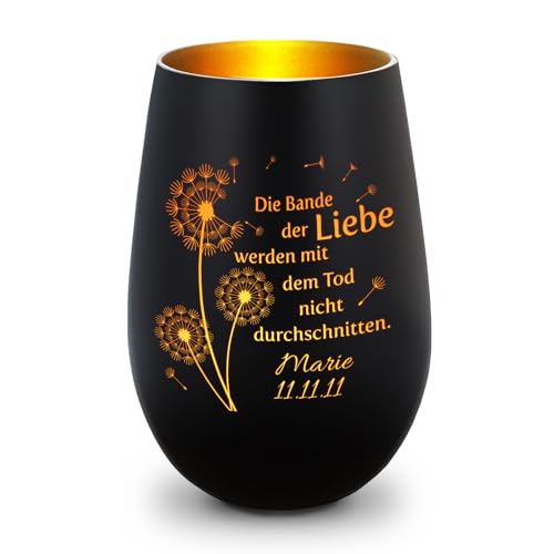 GRAVURZEILE Deko Windlicht aus Glas mit Gravur - Pusteblumen - Personalisiert mit Namen & Datum - Trauerlicht für Teelichter und Kerzen - Grabschmuck zur Beerdigung oder als Andenken - Schwarz/Gold von GRAVURZEILE