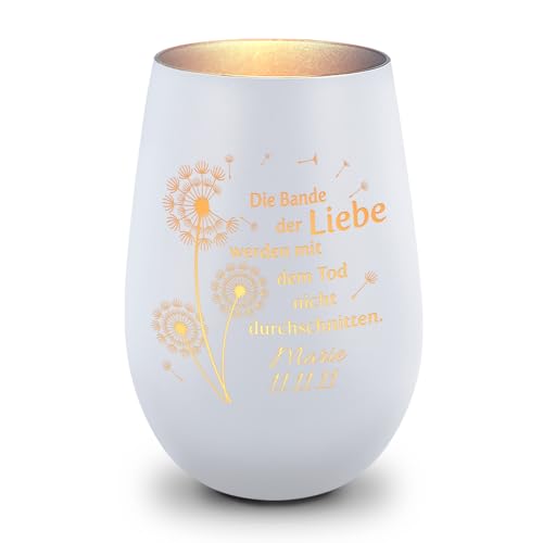 GRAVURZEILE Deko Windlicht aus Glas mit Gravur - Pusteblumen - Personalisiert mit Namen & Datum - Trauerlicht für Teelichter und Kerzen - Grabschmuck zur Beerdigung oder als Andenken - Weiß/Silber von GRAVURZEILE