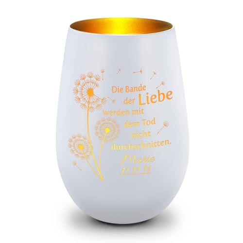GRAVURZEILE Deko Windlicht aus Glas mit Gravur - Pusteblumen - Personalisiert mit Namen & Datum - Trauerlicht für Teelichter und Kerzen - Grabschmuck zur Beerdigung oder als Andenken - Weiß/Gold von GRAVURZEILE