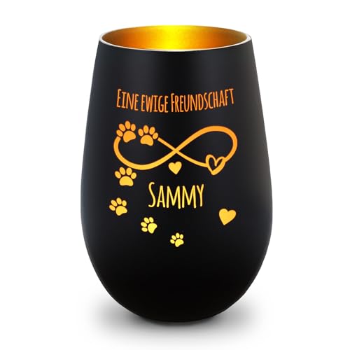 GRAVURZEILE Deko Windlicht aus Glas mit Gravur - Unendlich - Personalisiert mit Name - Haustier Trauerlicht für Hund und Katze - Grabschmuck zur Beerdigung oder als Andenken - Schwarz/Gold von GRAVURZEILE