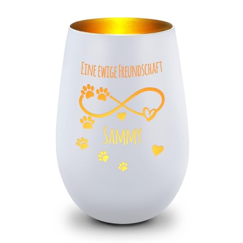 GRAVURZEILE Deko Windlicht aus Glas mit Gravur - Unendlich - Personalisiert mit Name - Haustier Trauerlicht für Hund und Katze - Grabschmuck zur Beerdigung oder als Andenken - Weiß/Gold von GRAVURZEILE