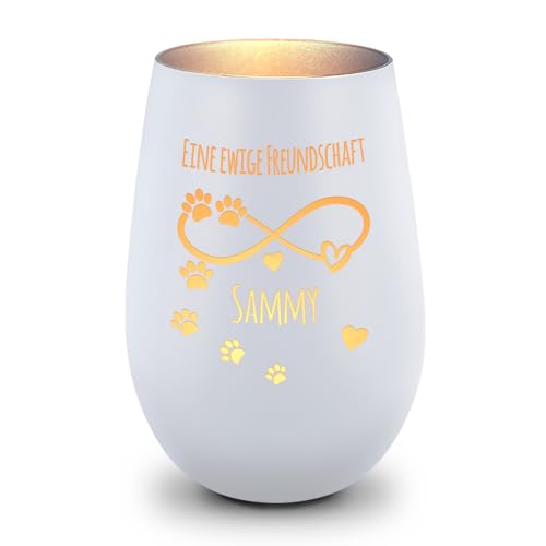 GRAVURZEILE Deko Windlicht aus Glas mit Gravur - Unendlich - Personalisiert mit Name - Haustier Trauerlicht für Hund und Katze - Grabschmuck zur Beerdigung oder als Andenken - Weiß/Silber von GRAVURZEILE