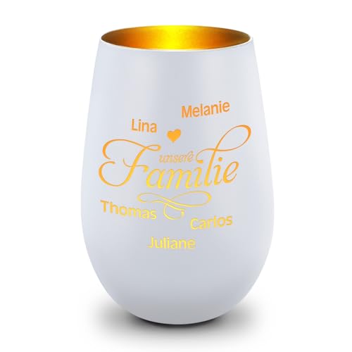 GRAVURZEILE Deko Windlicht aus Glas mit Gravur - Unsere Familie - Personalisiert mit bis zu fünf Namen - Persönliche Geschenke für Frauen und Männer zum Geburtstag Weihnachten - Weiß/Gold von GRAVURZEILE