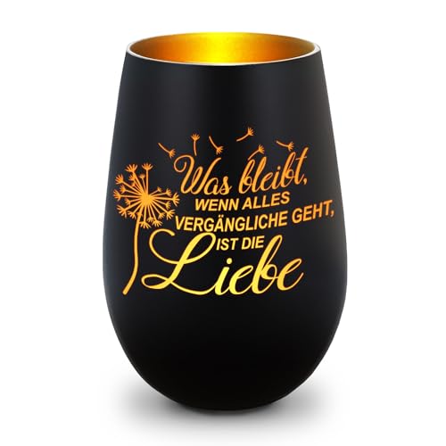 GRAVURZEILE Deko Windlicht aus Glas mit Gravur - was bleibt, wenn Alles Vergängliche geht - Trauerlicht für Teelichter und Kerzen - Grabschmuck zur Beerdigung oder als Andenken - Schwarz/Gold von GRAVURZEILE