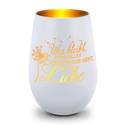 GRAVURZEILE Deko Windlicht aus Glas mit Gravur - was bleibt, wenn Alles Vergängliche geht - Trauerlicht für Teelichter und Kerzen - Grabschmuck zur Beerdigung oder als Andenken - Weiß/Gold von GRAVURZEILE